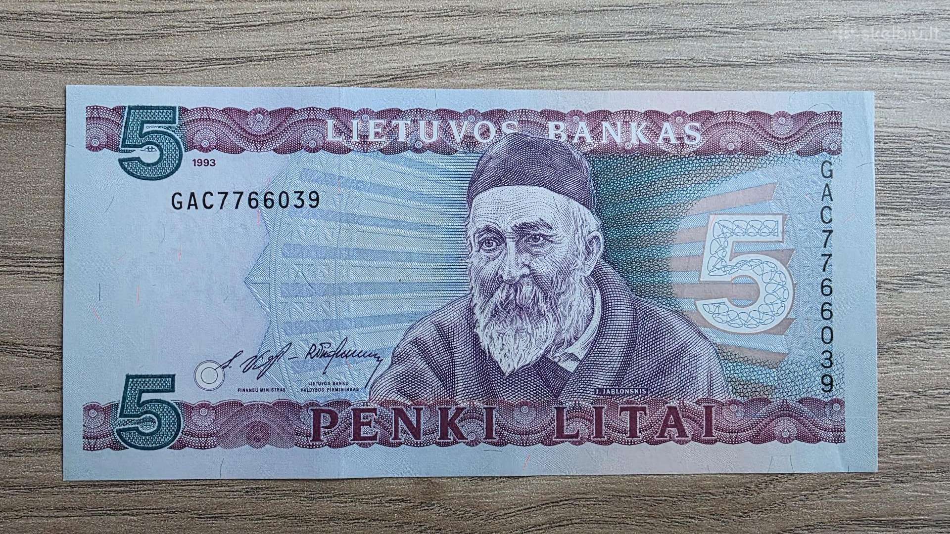 1993 metų 5 litai Unc Jablonskis Gac