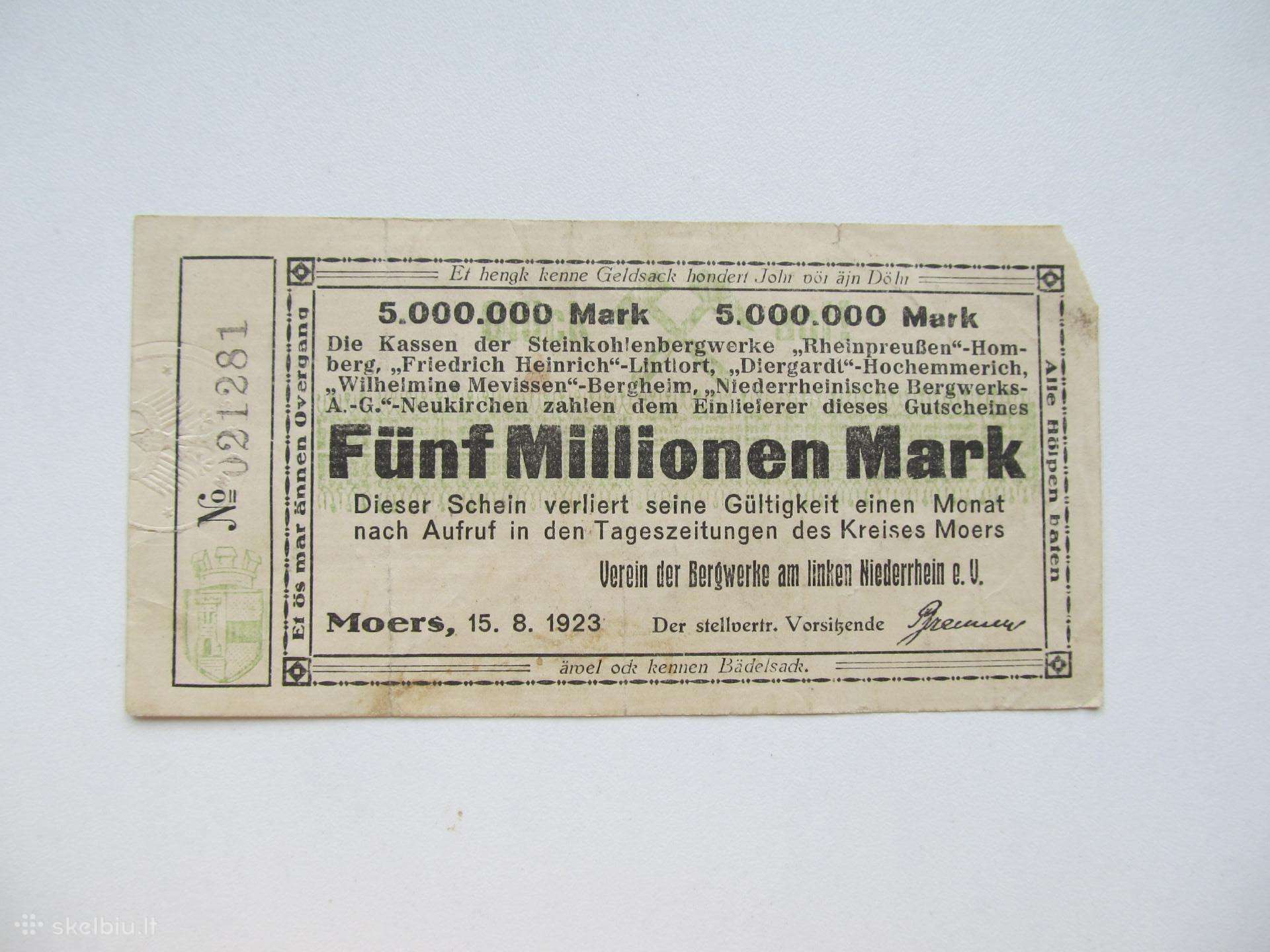 5 milijonai markiu , Moers Vokietija , 1923
