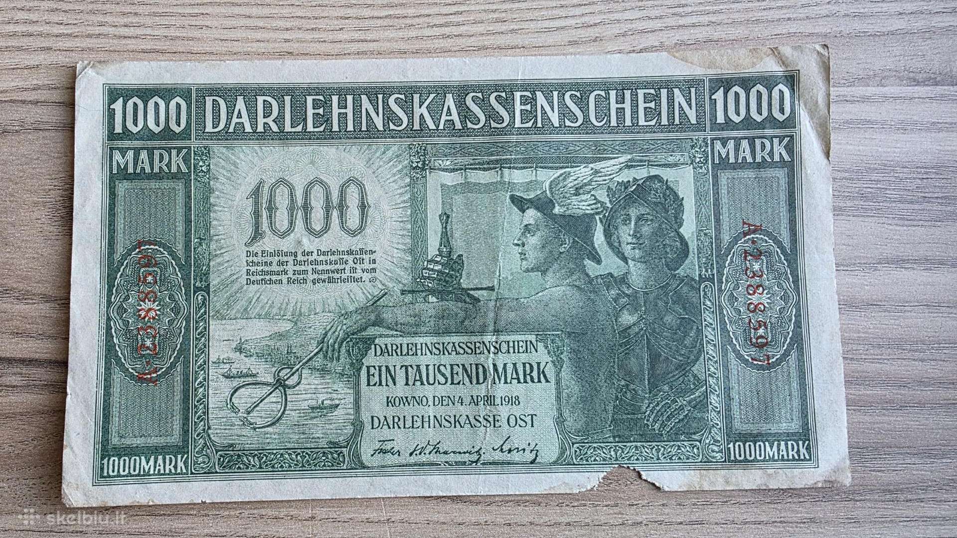 1918 Ost 1000 Mark Retas R134b žalias parašas