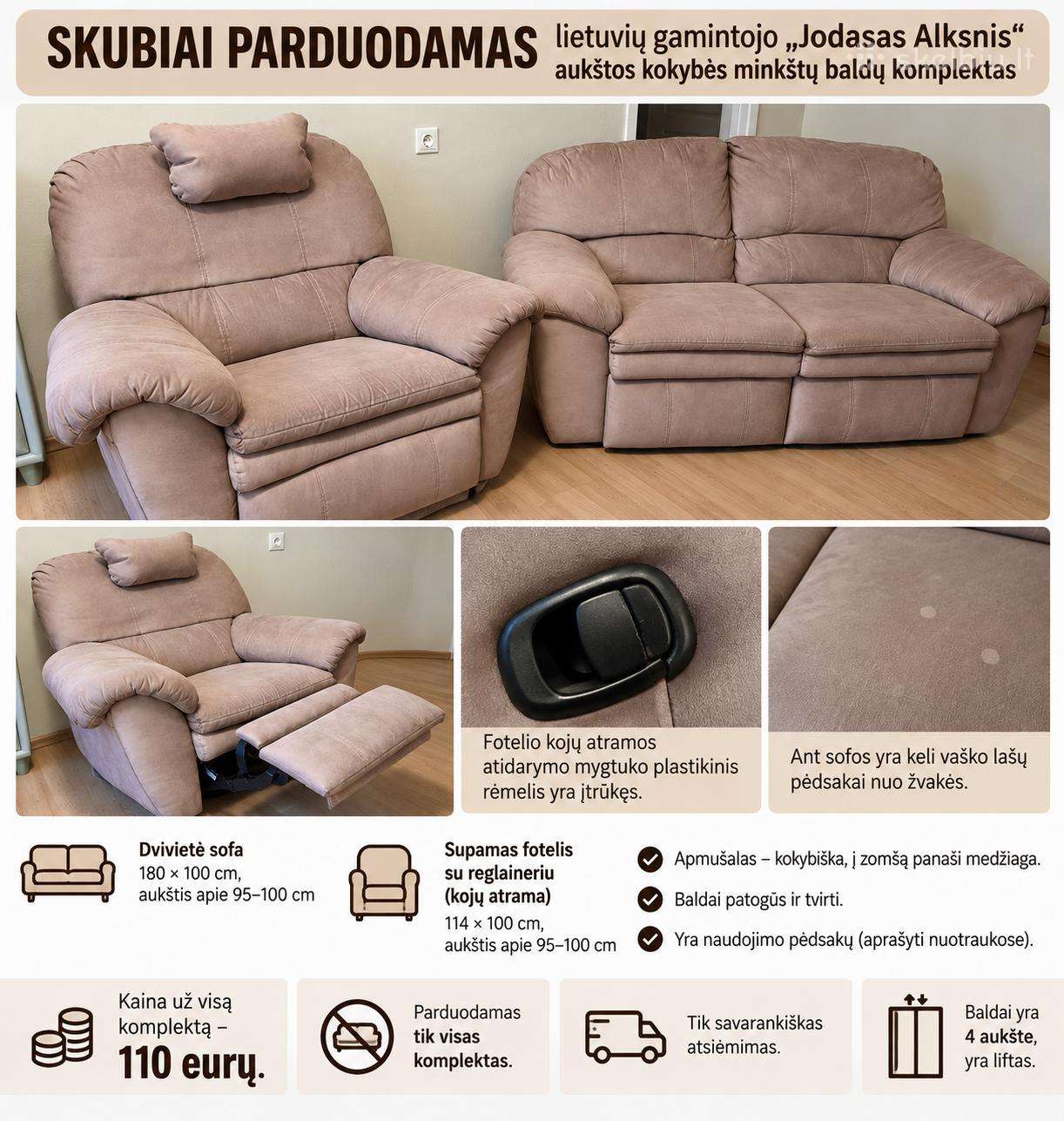 Naudotų minkštų baldų komplektas - 110 €