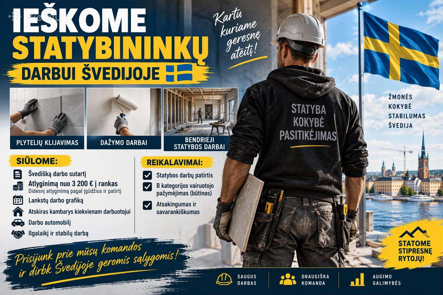 Darbo pasiūlymas statybininkams Švedijoje