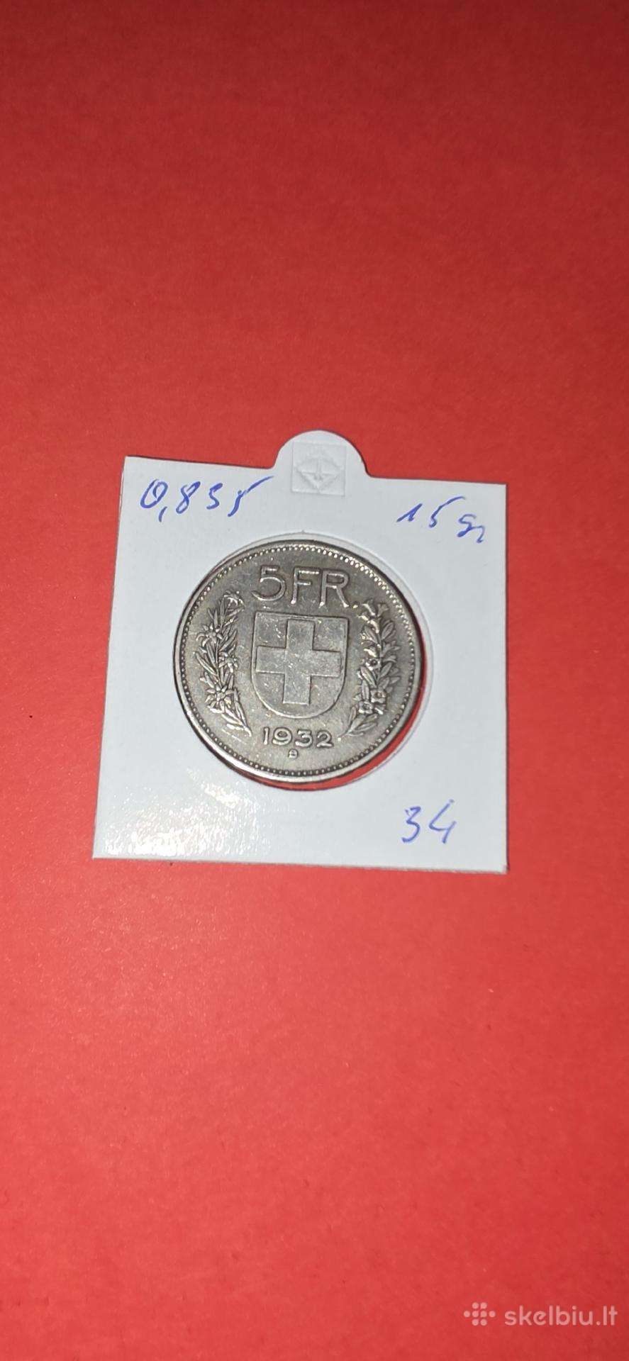 Šveicarija 5 frankai 1932,sidabras 0,835