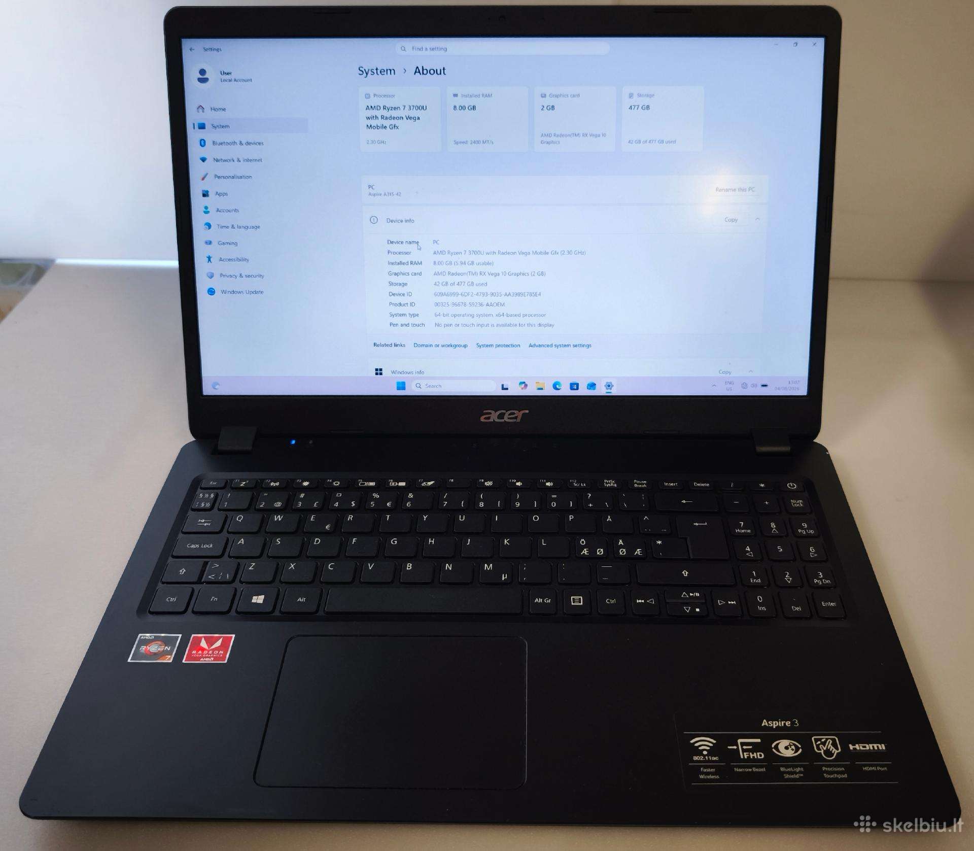 Acer Aspire A315-42 15.6" Ryzen 7 3700u 8gb RAM