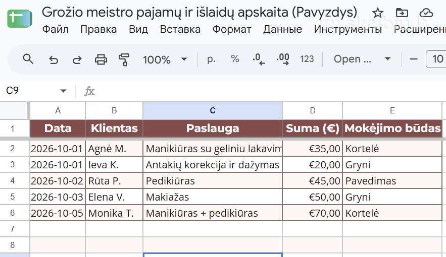 Pajamų ir išlaidų lentelė grožio meistrams