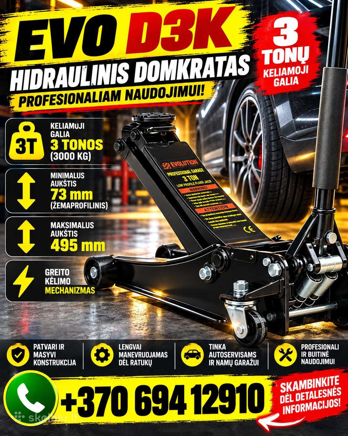 Hidraulinis domkratas 3t 73-495mm Žemaprofilinis