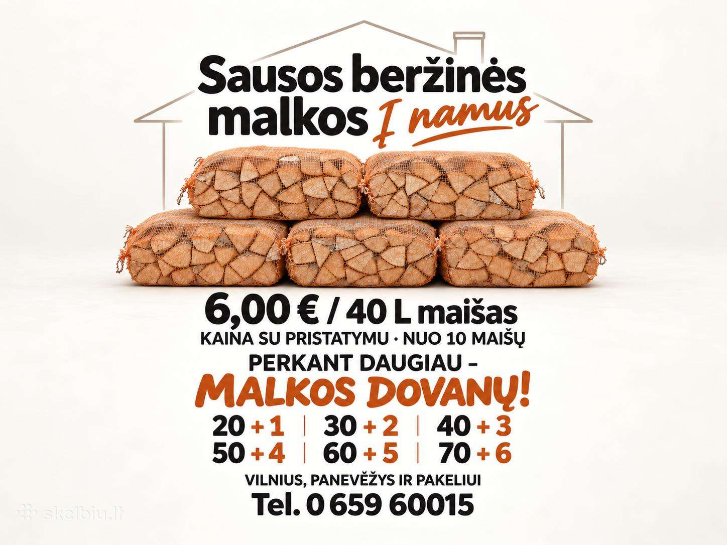 Sausos beržinės malkos maišeliuose - su pristatymu