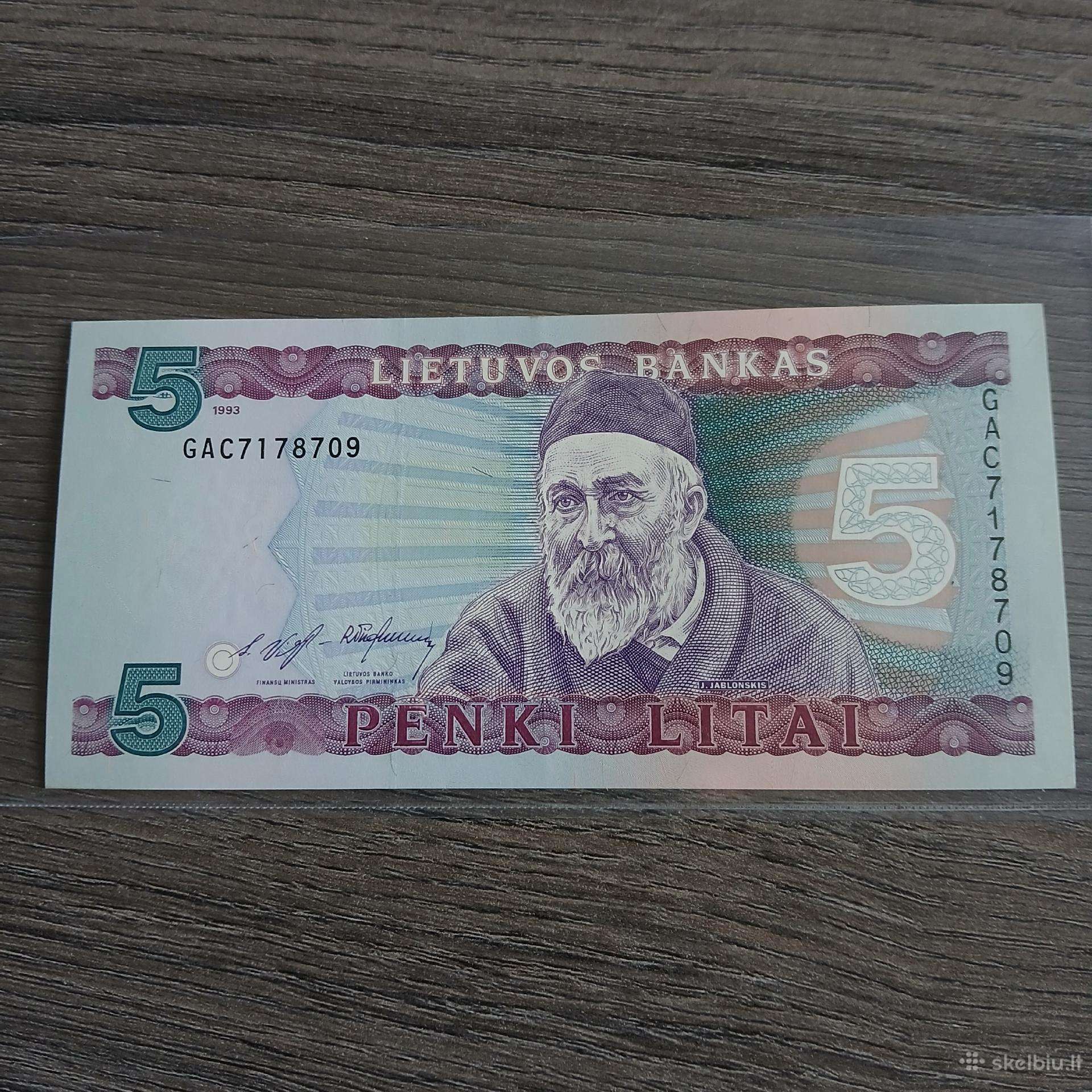 5 litai 1993 metų Unc bankinis stovis.