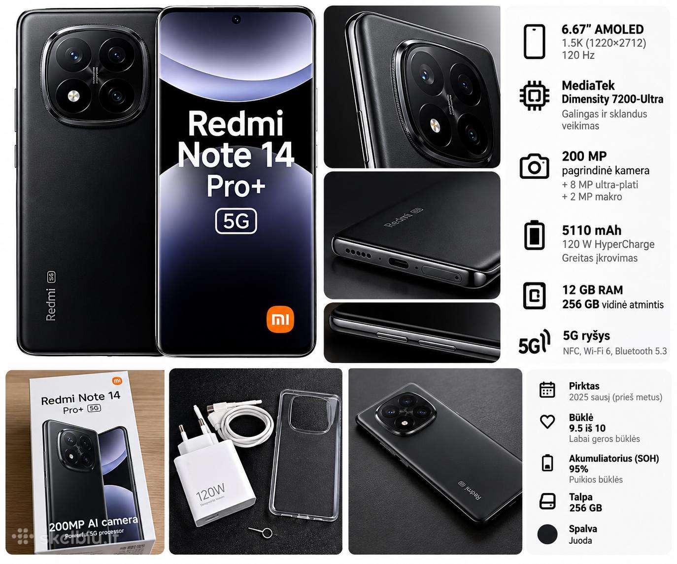 Xiaomi Redmi Note 14 Pro+ 5G, 256 GB, juodas