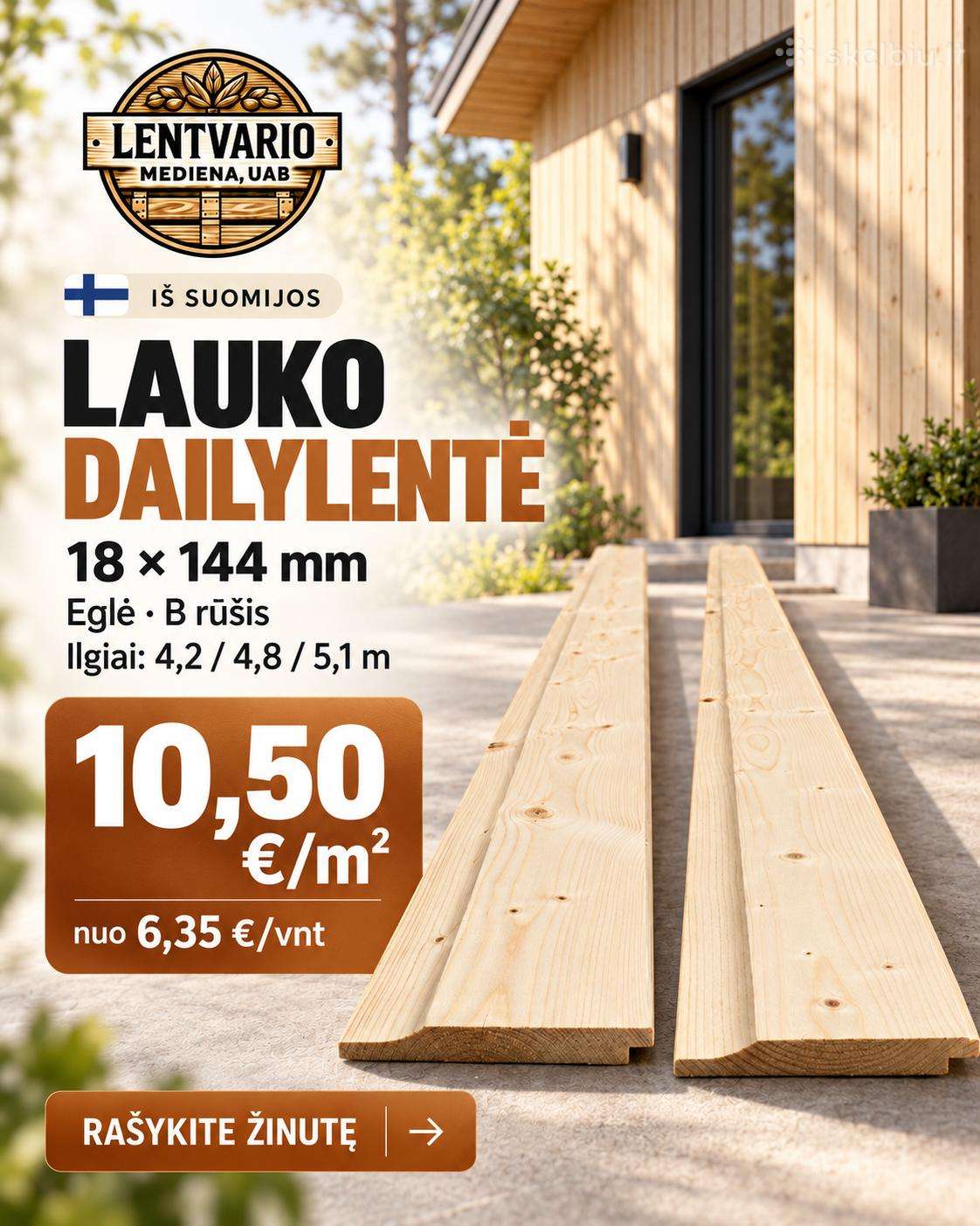 Lauko dailylentės iš Suomijos – 10,50 €/m²!