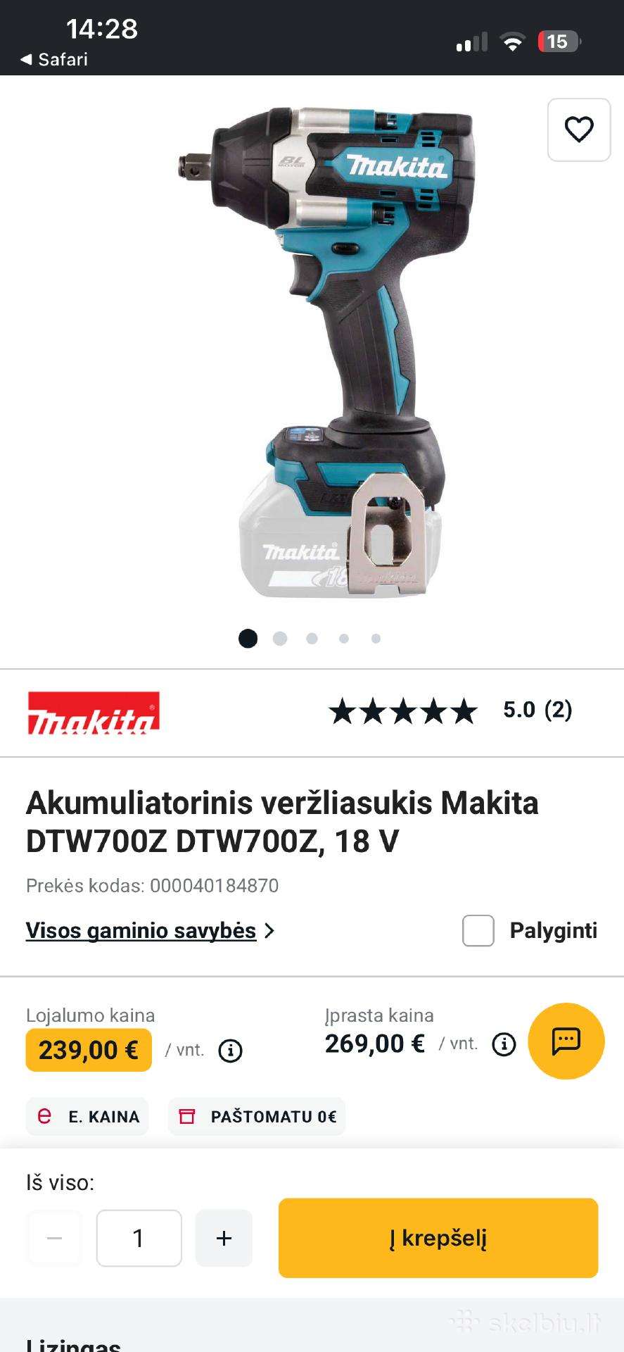 Akumuliatorinis veržliasukis Makitadtw700z, 18v