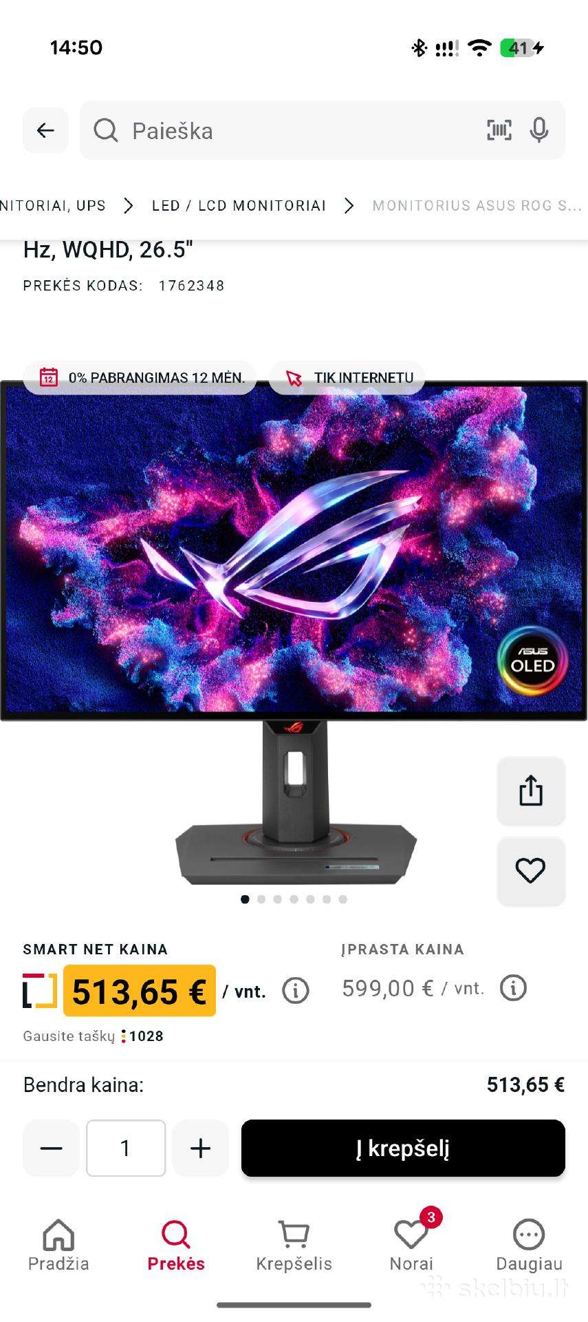 Oled 26.5" Asus Rog Strix Wqhd 240hz monitorius