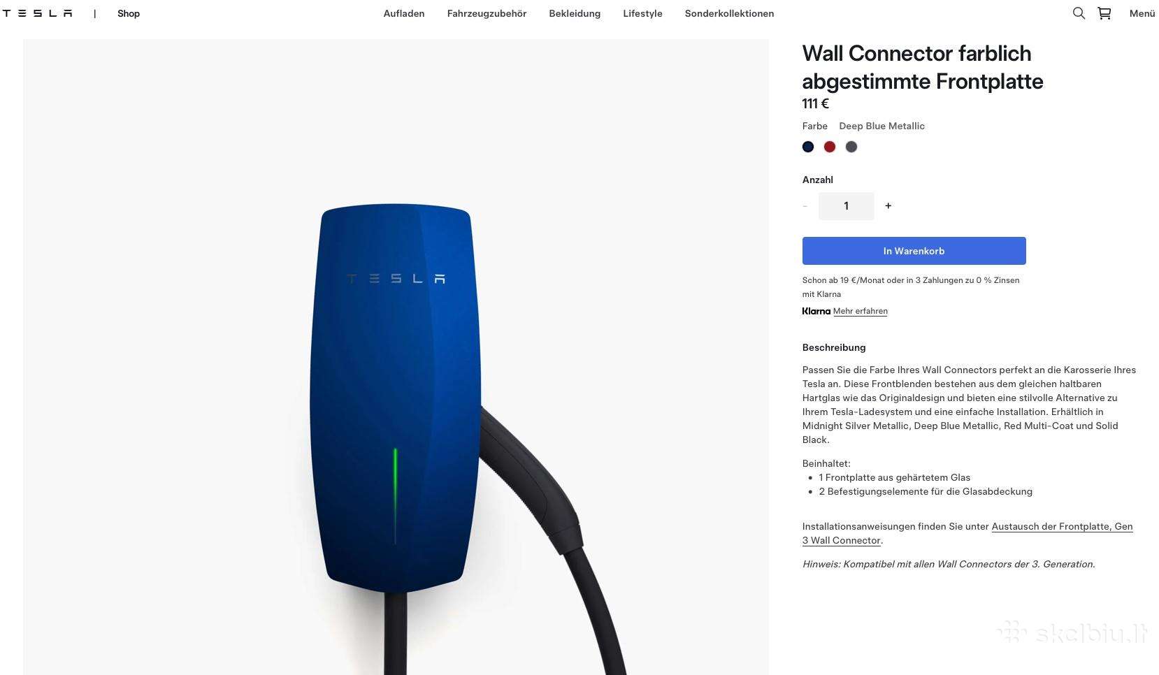 Tesla Wall Connector Gen 3 Stiklas priekis melyna