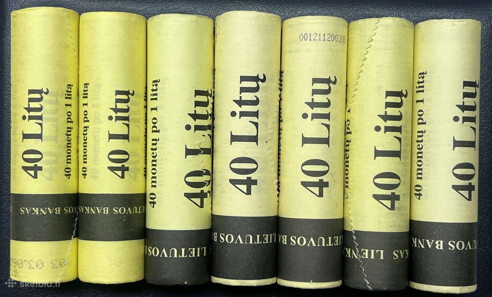 1 lito monetų bankiniai ritinėliai po 40 monetų.