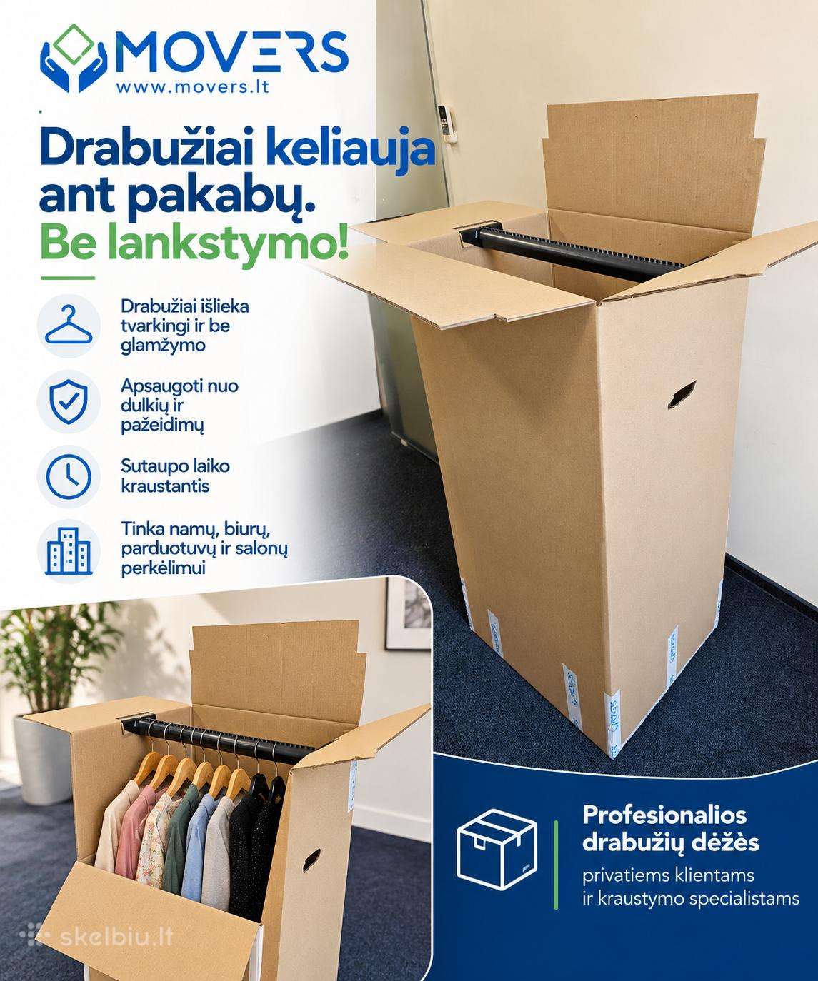 Drabužių perkraustymo dėžės su pakabų skersiniu