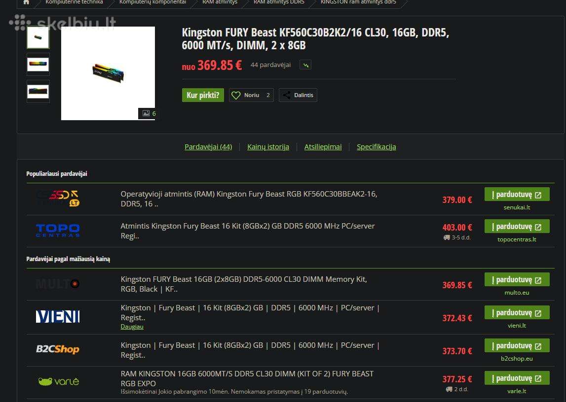 Kingston fury beast 16gb + pinigai i 2x16 ddr 5