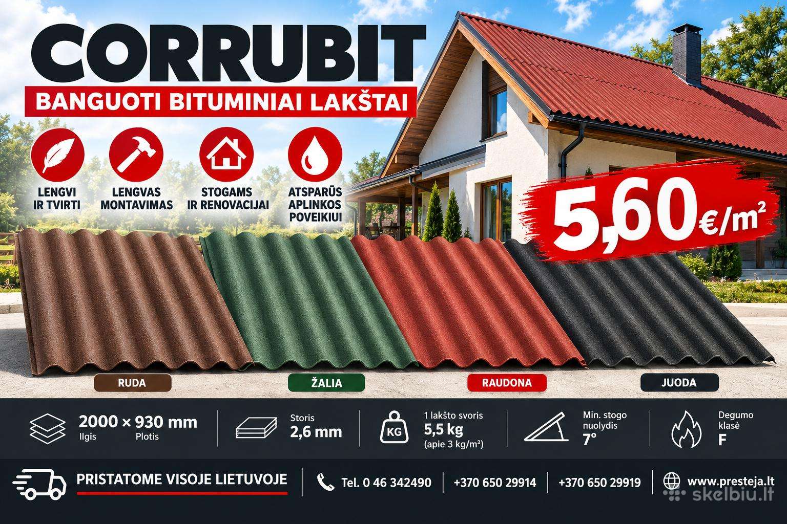 Bituminiai lakštai Corrubit 5.60 eur/m2 !