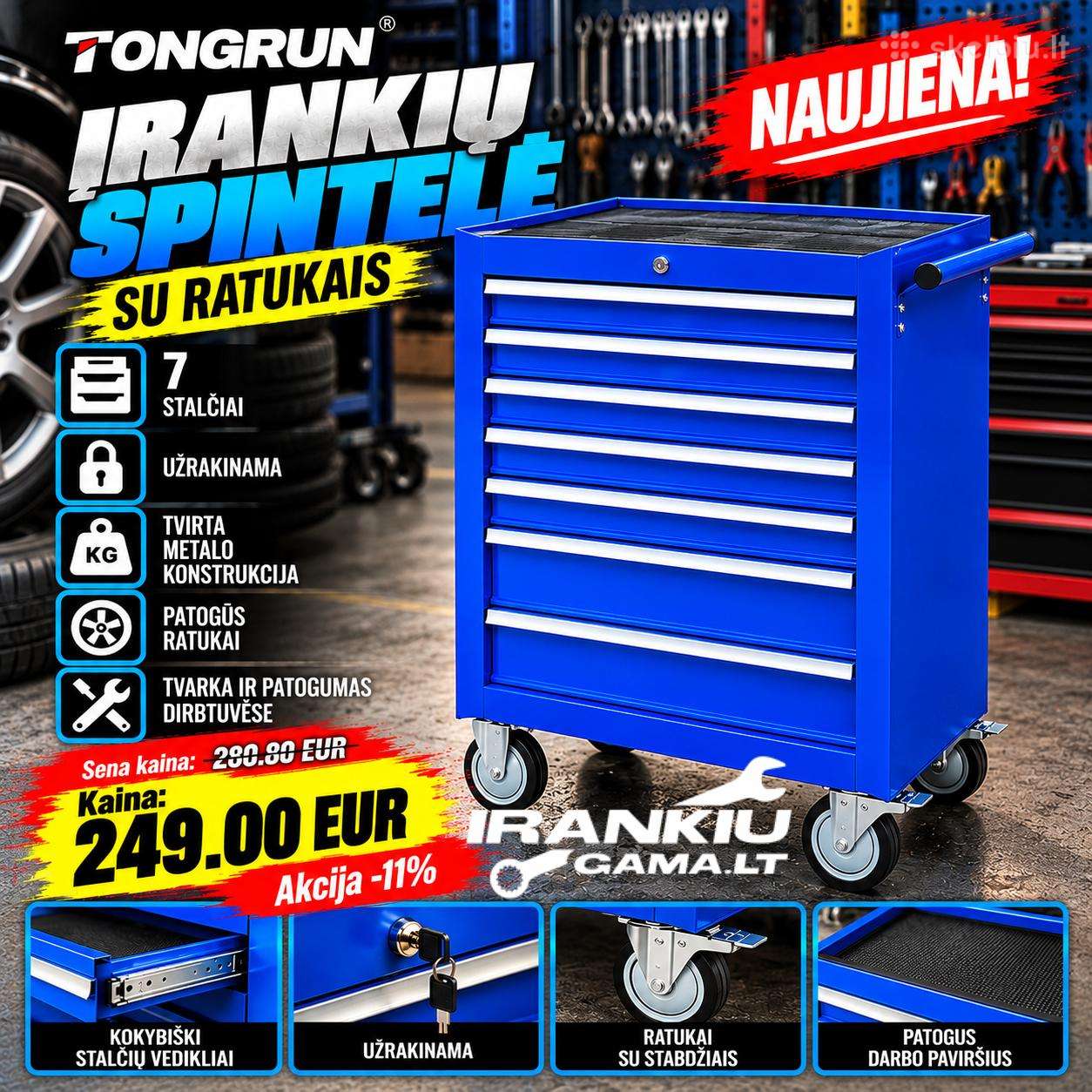 Įrankių spintelė su ratukais Tongrun, 7 stalčiai