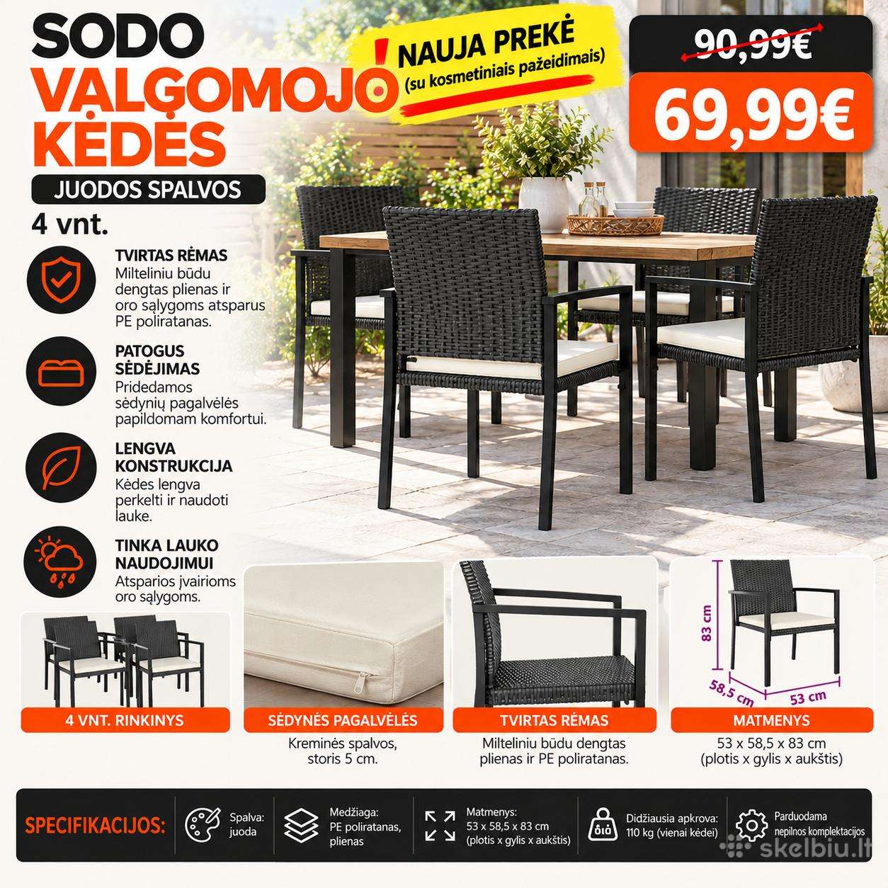 Sodo valgomojo kėdės, 4 vnt., juodos, poliratanas