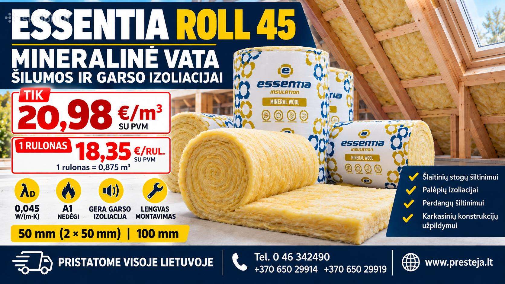 Mineralinė vata essentia roll - tik 20.98 Eur/m3.