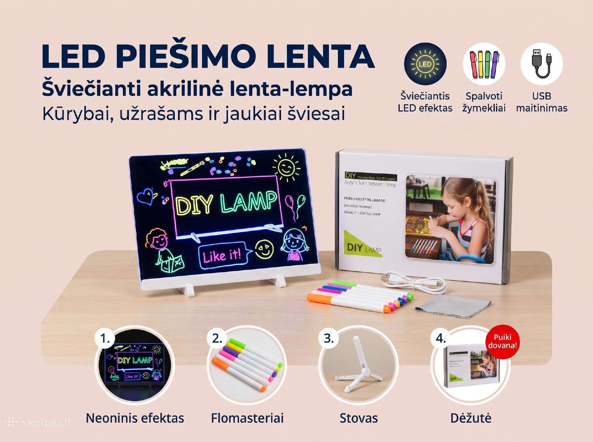 Šviečianti LED piešimo lenta su flomasteriais